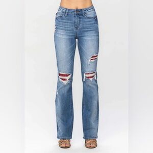 Judy Blue Mid Rise Bootcut Plaid Patchwork Jeans Sz 7/28 ALTERED-SHORT